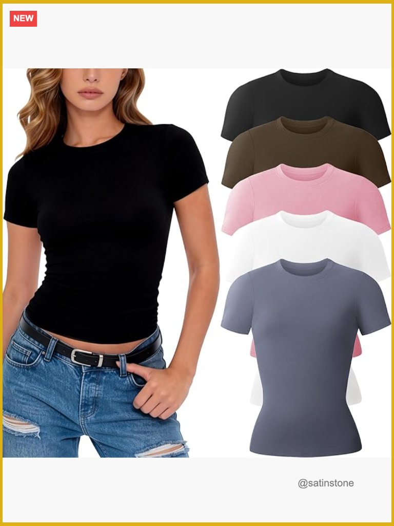 5 Pack Womens Crew Neck Short Sleeve T Shirts Basic Tees Fitted Stretchy